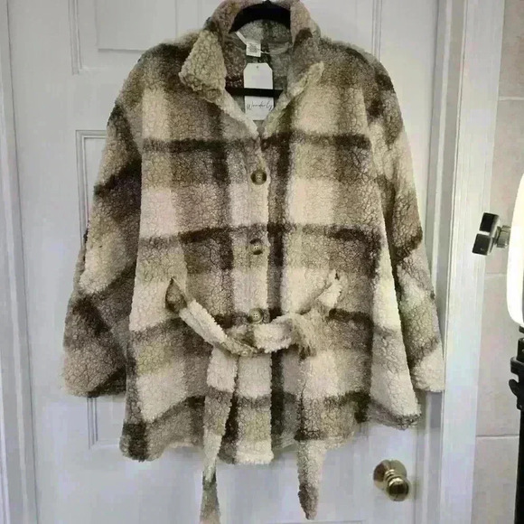Wonderly Women's Plaid Shacket Belted Front Button Cape, Size OS NWT - Picture 1 of 3